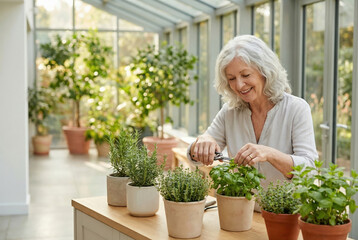 Smiling senior woman pruning herbs in a bright sunroom