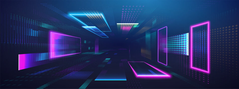 Fototapeta AI quantum tunnel background with data 3D abstract dots for digital tech. Grid code squares and blue portal perspective with a matrix neon aesthetic. 