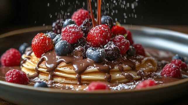 A decadent plate of chocolate-dipped French toast is beautifully presented with fresh raspberries and blueberries, enhanced by a rich, glossy sauce. Perfect for breakfast or dessert concepts. - Powered by Adobe