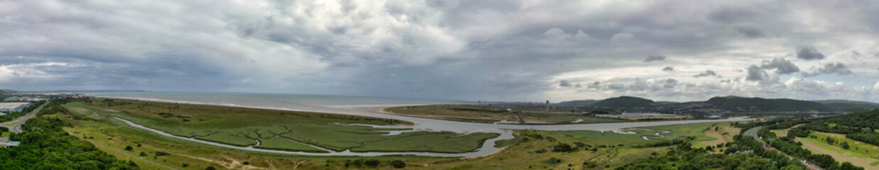 Fototapeta premium Aerial Panoramic View of Beautiful Welsh British Countryside Landscape Near Cardiff City of Wales UK