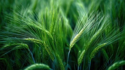 Fototapeta premium Green wheat stalks are growing in a field under bright sunlight. The plants sway slightly in the wind indicating a warm summer day. The scene shows healthy crop development.