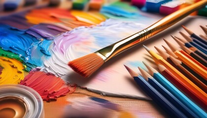 close up of a paintbrush resting on a canvas surrounded by art supplies a serene scene suggesting creative leisure time pencils colorful