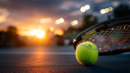 Tennis ball bouncing, under racket court, line sunset display, sport focus training, moments match atmosphere, emotional game tension, athletic equipment closeup, defocused court s