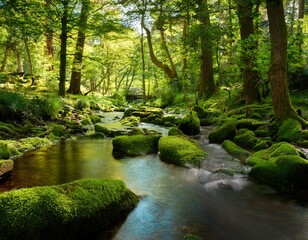 tranquil forest stream meanders through lush greenery