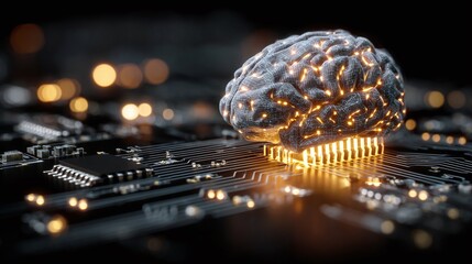 Brain-shaped computer chip on a circuit board glows, symbolizing artificial intelligence & innovative tech.  A visual representation of advanced computing & AI.