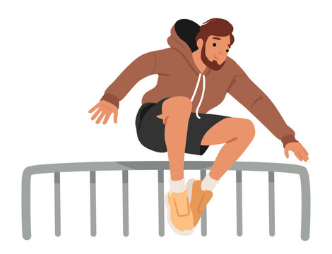 Hipster man parkourist character jumping over steel fencing with precision and dexterity scene