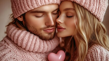 A couple in warm winter clothing share a loving embrace, radiating affection and comfort. The scene evokes feelings of intimacy and warmth.