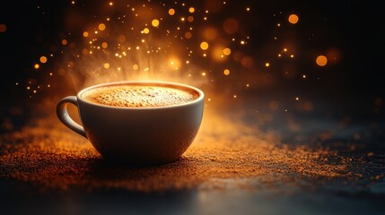 A steaming cup of hot coffee sits on a clean, reflective surface, creating a sense of warmth and comfort.