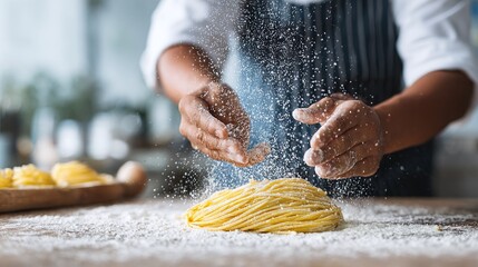 A chef sprinkling flour over freshly made pasta. The motion creates a cloud of fine white powder. Ingredients like eggs and cooked pasta lie on a wooden cutting board, ready to be prepared.