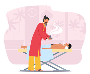 Master applying thalassotherapy and aromatherapy Eastern alternative medicine cartoon scene