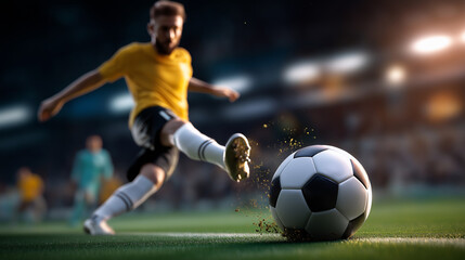 Fototapeta premium Soccer player kicks, ball full force, green stadium field, dirt flying cleats, dynamic motion display, football energy concept, male athletics summer, sport goal attempt, match int