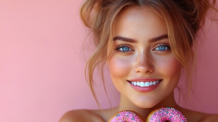 A woman with freckles smiles while holding pink donuts against a solid pink background. A sweet and cheerful image.