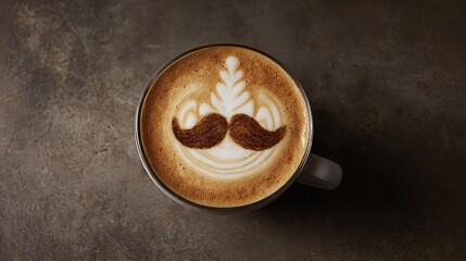 Coffee art served in a cup featuring mustache latte art, creating a fun, playful beverage presentation. A creative coffee for the refined caffeine enthusiast.