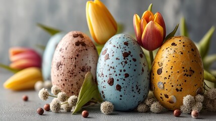 Obraz premium Colorful eggs in shades of blue brown and yellow are displayed among vibrant tulips and small flowers on a light surface for Easter. This setup captures the spirit of spring.
