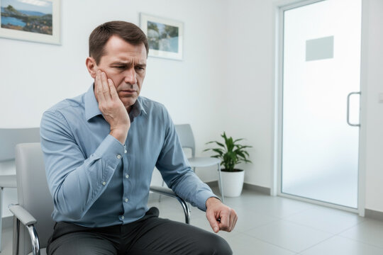 Man suffering from severe toothache sitting in dentist waiting room, dental emergency concept