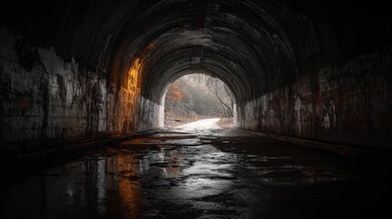 Naklejka premium A tunnel with wet ground reflects light as it leads to a path. Trees are visible outside and the atmosphere feels dark and moody. The scene shows a transition from darkness to light.