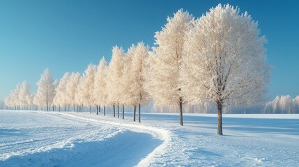Obraz premium A tranquil winter scene featuring snow-covered trees and a bright blue sky. This image evokes a sense of peace and serenity.
