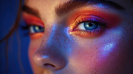 A stunning close-up portrait of a woman's face, showcasing dramatic blue and red eyeshadow enhancing her eyes and skin texture. Perfect for beauty, cosmetics, and fashion concepts.