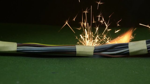 A short circuit causes bright sparks and local ignition among insulated cables.
