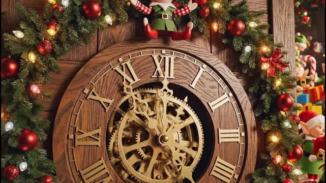 Joyful holiday celebration at festive workshop with cheerful elves and magical decorations