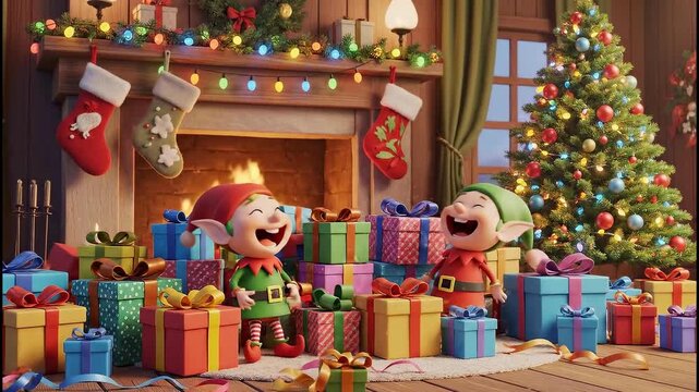 Joyful elves share a magical holiday moment by the cozy fireplace filled with colorful gifts and festive cheer