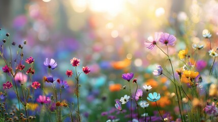 A variety of flowers are blooming in a garden filled with colors. Sunlight shines through the trees creating a bright atmosphere in spring.