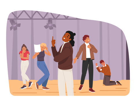 Diverse people characters performing on theatrical stage enjoying group drama class activities