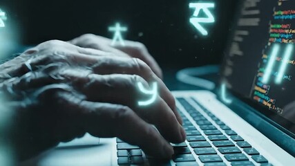 Elderly Hands Typing on Laptop Keyboard with Glowing Digital Holographic Symbols