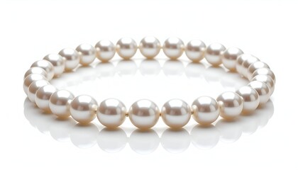 Obraz premium Elegant white pearl necklace isolated on bright reflective surface