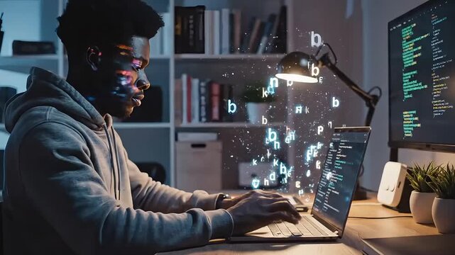 Programmer Working at Night with Floating Code Symbols Around Lapt