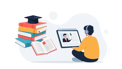 Naklejka premium Online learning and education concept with student in headphones