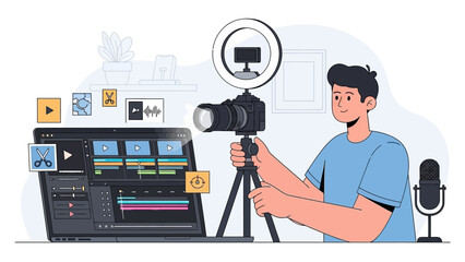 Young man creating video content with camera and computer software