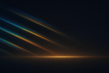 Abstract diagonal light streaks of blue green and orange emanating from a bright horizontal glow on a dark background creating a sense of energy and movement