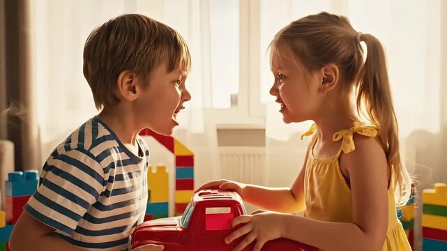 Brother and Sister Arguing Over Red Toy Truck in Sunny Playroom