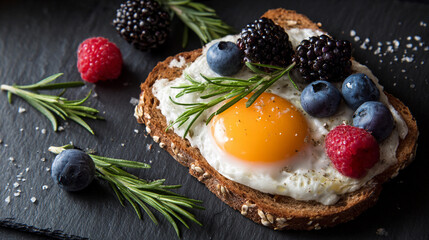 Breakfast with fried egg on toast and fresh berries on slate plate