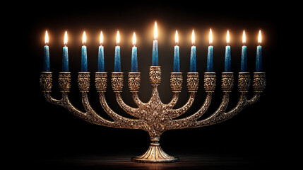 Menorah with blue candles lit for Hanukkah celebration at night
