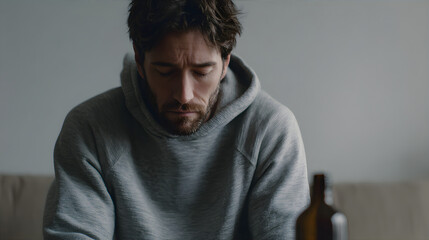 Sad man with closed eyes reflecting on addiction, depicting the struggle with depression and alcoholism, ideal for mental health awareness.