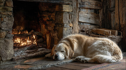 Dog sleeps in front of a warm fire in a cozy cabin setting