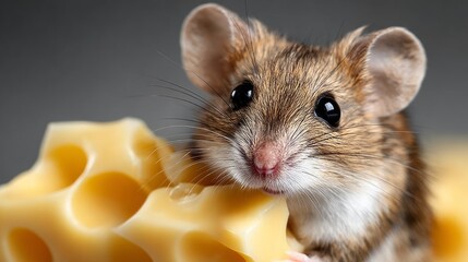 A small brown and white mouse is eating a piece of cheese. The mouse is looking at the camera with its mouth open