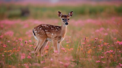 Young Deer Fawn Standing in Pink Flower Field During Sunset