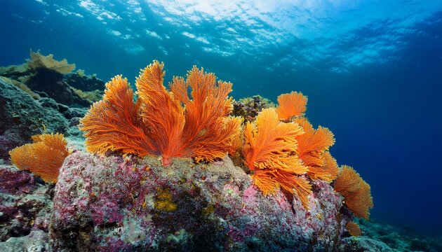 corales naranjas y amarillos en primer plano sobre roca en un vibrante entorno marino