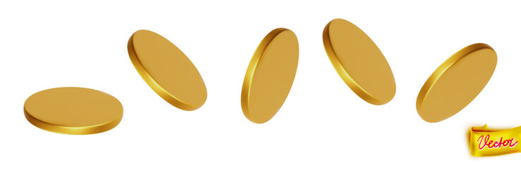 Realistic gold coin rotation set. Shiny metal coins in multiple angles. Perfect for finance, game assets, business graphics, casino themes, marketing, and design projects. Vector isolated