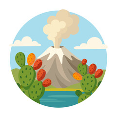Vibrant vector illustration of active volcano with cactus fruits and lake