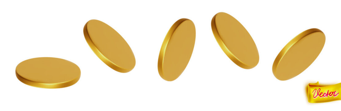 Realistic gold coin rotation set. Shiny metal coins in multiple angles. Perfect for finance, game assets, business graphics, casino themes, marketing, and design projects. Vector isolated