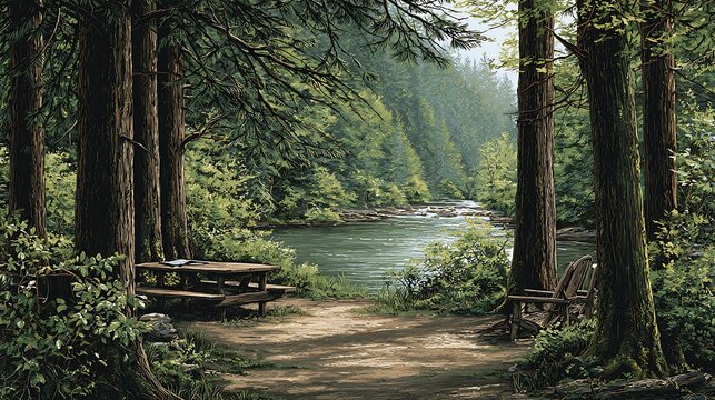 Peaceful Forest Scene with River, Picnic Table, and Adirondack Chair stream mountains photo