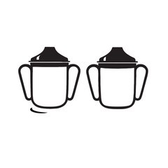 Black and white vector line art illustration of a set of baby feeding bottles with nipples and caps, isolated on a white background for infant care and nursery designs.