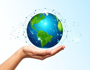 Hand holding a globe, interconnected network