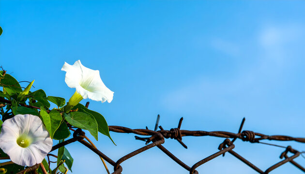 Delicate white morning glory flowers against barbed wire fence and blue sky - Powered by Adobe