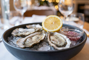 Fresh oysters on ice with lemon and mignonette