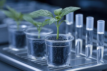 Genetically Engineered Plant Sprouts in Clear Containers Filled With Dark Medium